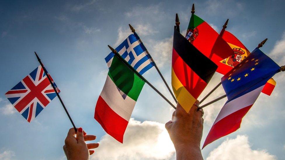 A person holds European country flags in an hand and a United Kingdom flag in another