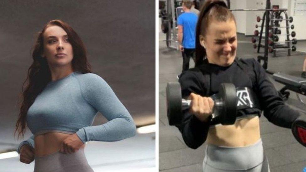 On the left, Lizzy poses in sportswear; on the right she's pulling a face while working hard in the gym