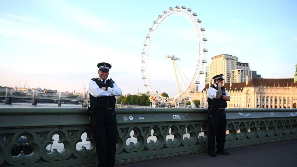 Members of the Metropolitan Police patrol Westminster Bridge to stop a mass gathering on May 07, 2020 in London, England United Kingdom