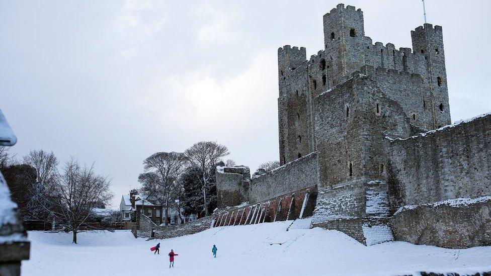 Rochester Castle surrounded by snow