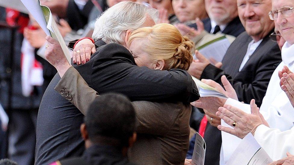 Margaret Aspinall hugging Bill Kenwright at Hillsborough Memorial Service