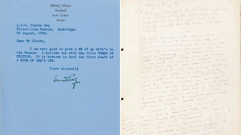 Letter from Leonard Woolf (left) and manuscript page from A Room of One's Own (right)