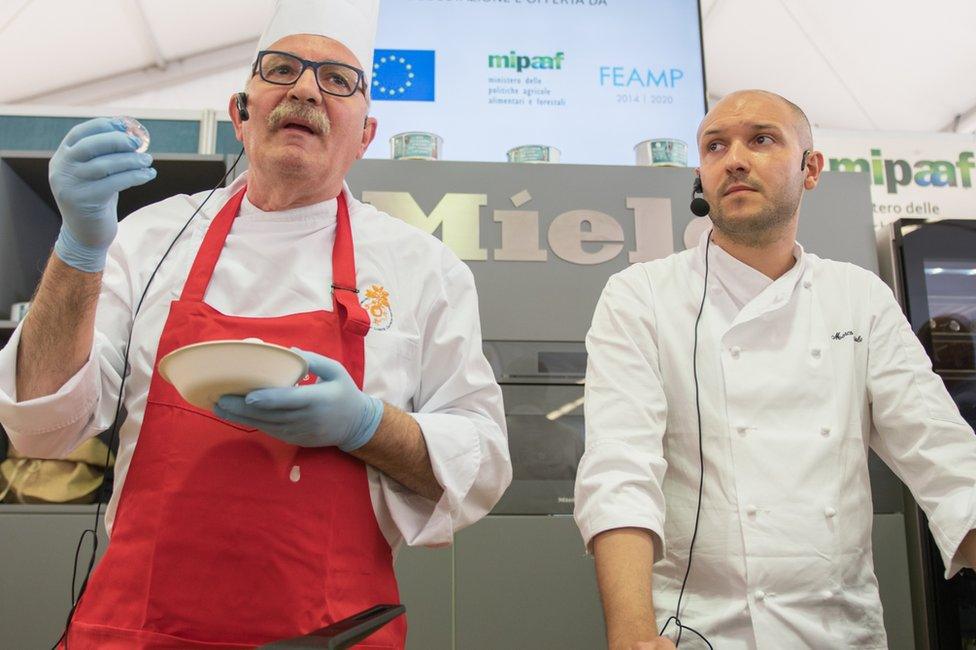 Professor Greco in chef whites, holding up some jellyfish