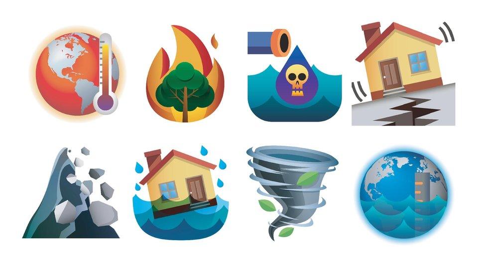 A set of eight prototype emojis, depicting global warming, wildfires, ocean pollution, earthquake, landslide, flooding, tornado and sea level rise