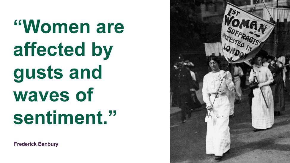 A protest march by women suffragettes in London with police in attendance. The banner held by the leading women reads '1st Woman Suffragist Arrested in London'.