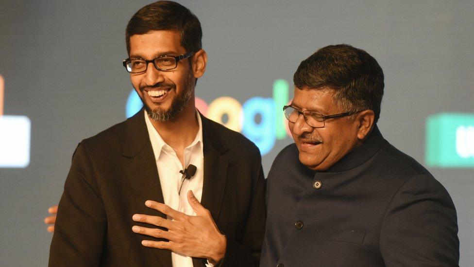 Google CEO Sundar Pichai with Indian IT minister Ravishankar Prasad