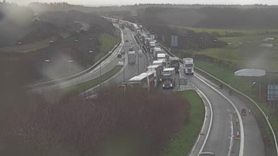 Queuing traffic on the A55 Junction 1 Holyhead Westbound