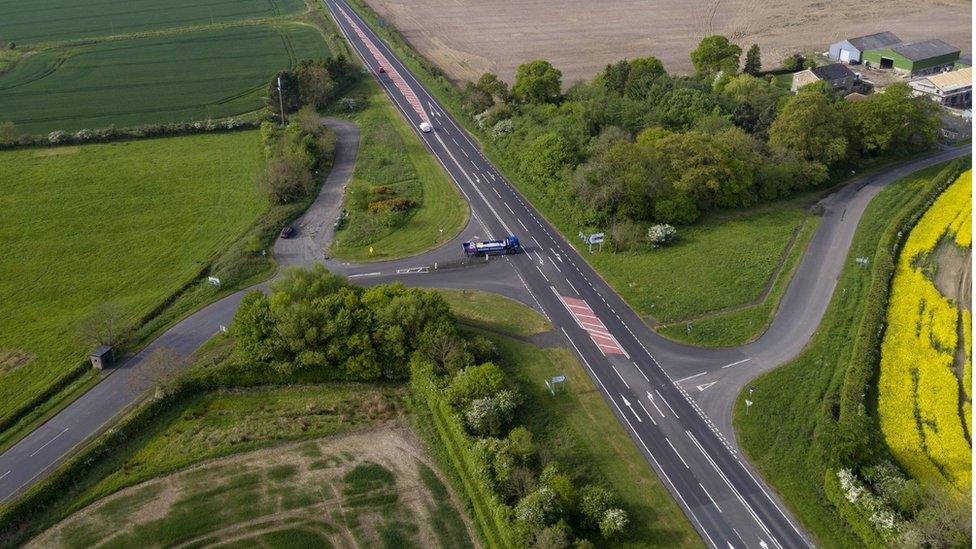 The A1 at its junction with the B6345 at Felton, Northumberland