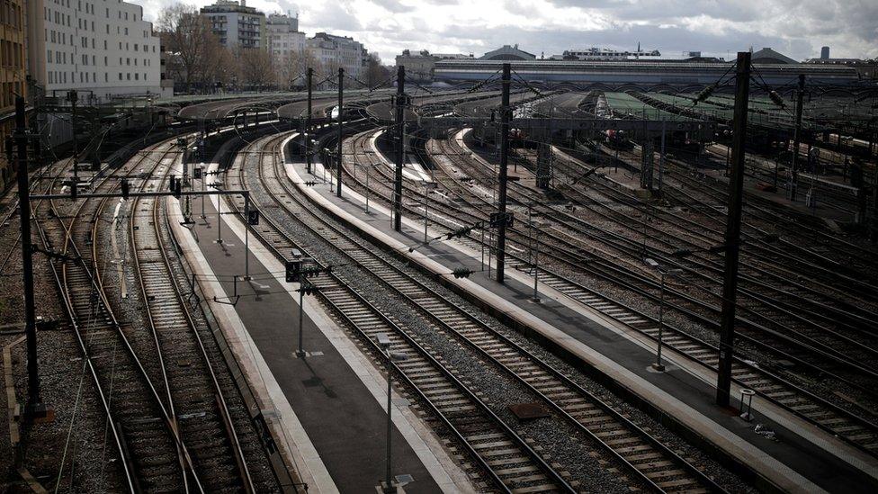 Empty platforms are pictured at Gare de l"Est train station during a nationwide strike by French SNCF