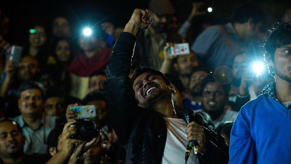 Indian student union leader Kanhaiya Kumar shouts slogans as he addresses students and activists at Jawaharlal Nehru University in New Delhi on 3 March 2016.