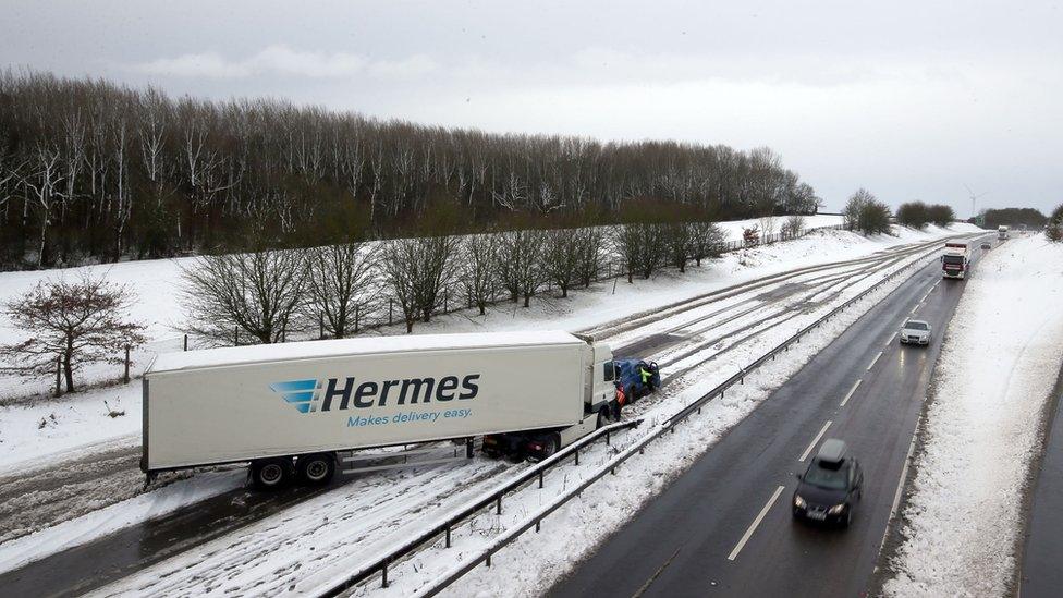 A jacknifed lorry on the A14 in Northampton