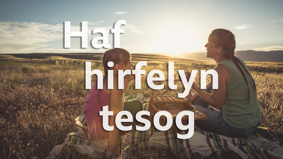 Haf hirfelyn tesog - mam a merch yn cael picnic yn hwyr yn y dydd ar ddiwrnod braf