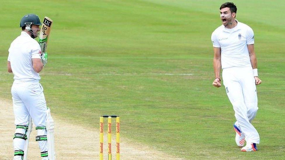 James Anderson celebrates taking a wicket for England