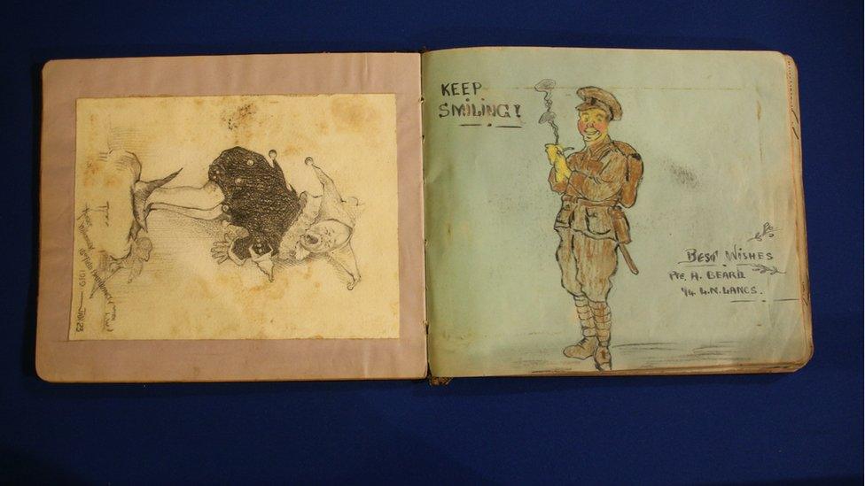 Autograph book from Brooklands House military hospital with notes and drawings by soldiers