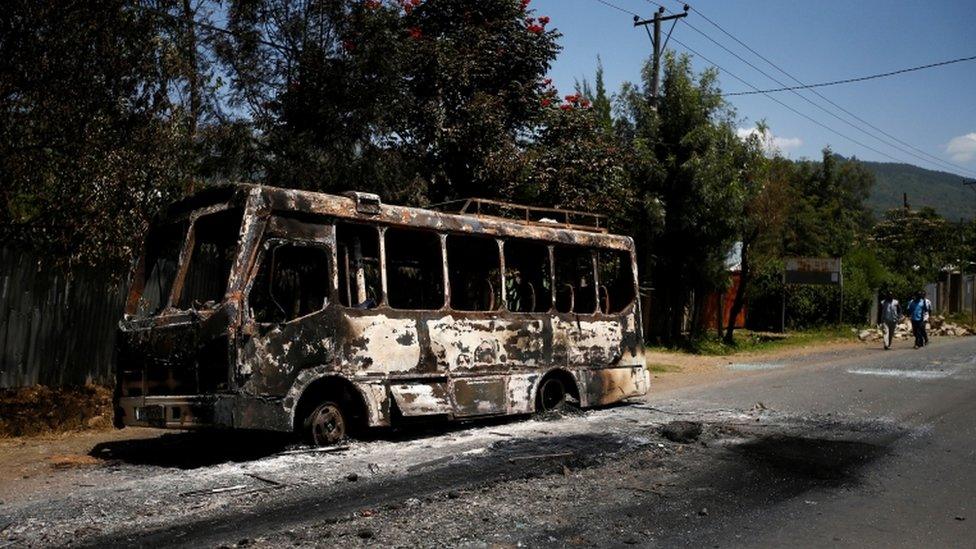 A torched bus in the Sebeta region of Ethiopia, 8 October