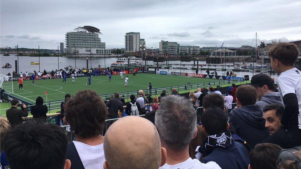 Legends match on the floating pitch in Cardiff Bay