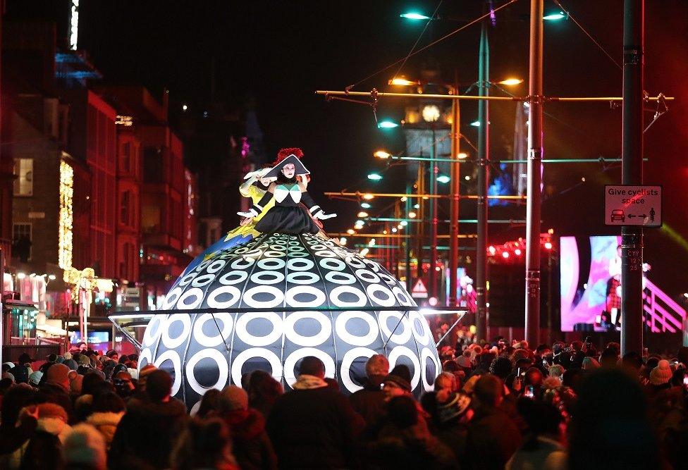 Members of the Compagnie Transe Express on Princess Street during the Hogmanay New Year celebrations in Edinburgh