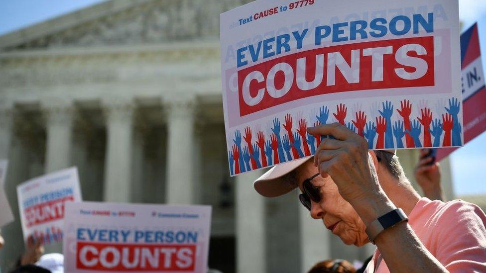 Demonstrators rally at the US Supreme Court in Washington, DC, on April 23, 2019, to protest a proposal to add a citizenship question in the 2020 Census