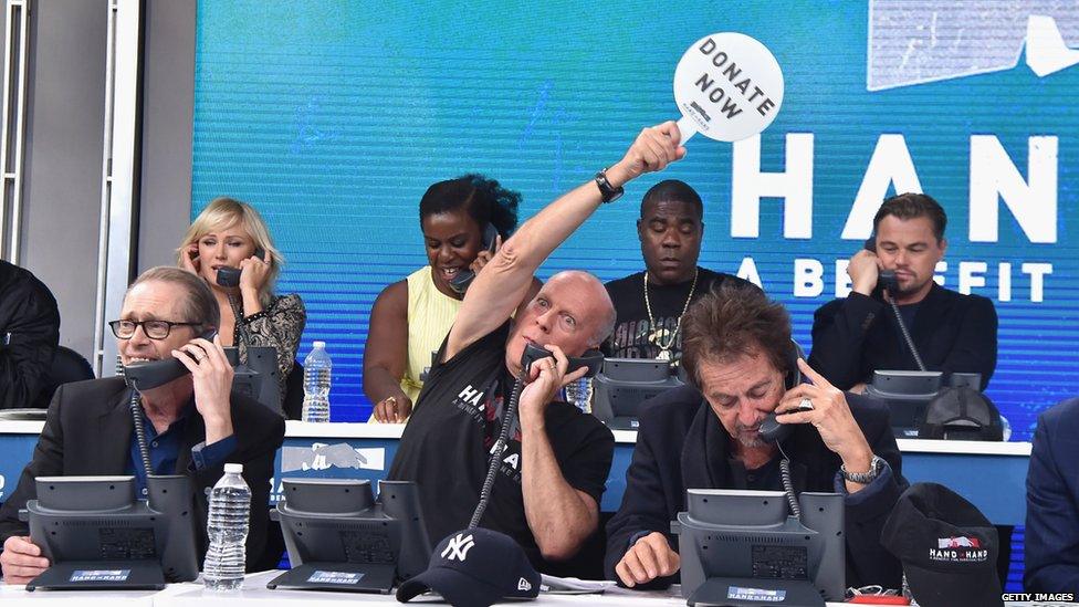 Bruce Willis, Al Pacino, Tracy Morgan and Leonardo Di Caprio take calls at the telethon in Los Angeles