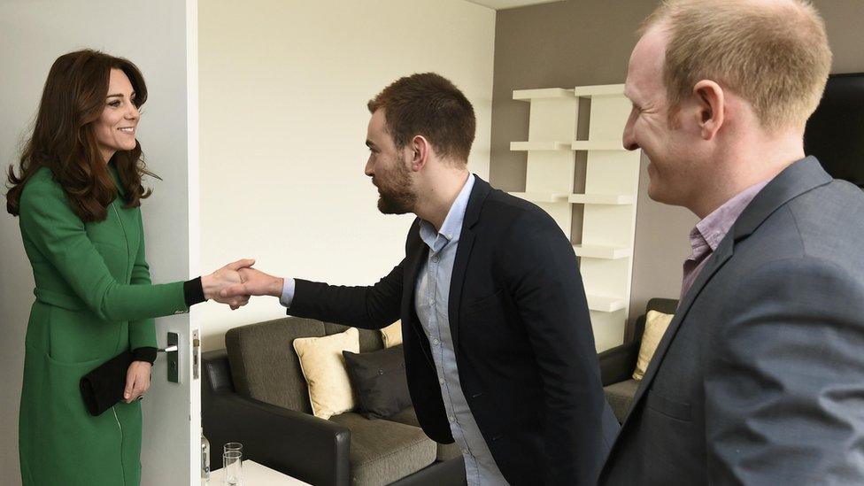 The Duke and Duchess of Cambridge met with former patient Jonny Benjamin (middle) and Neil Laybourn during their visit to St Thomas' Hospital in London