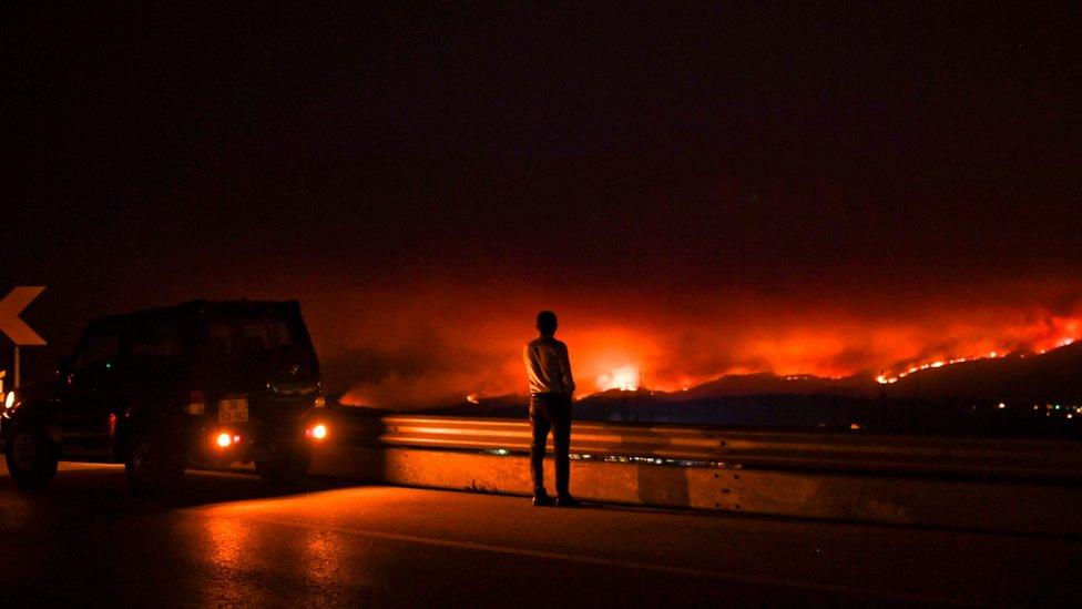 A man stands on the roadside watching a wildfire at Anciao, Leiria, central Portugal, on 18 June 2017.