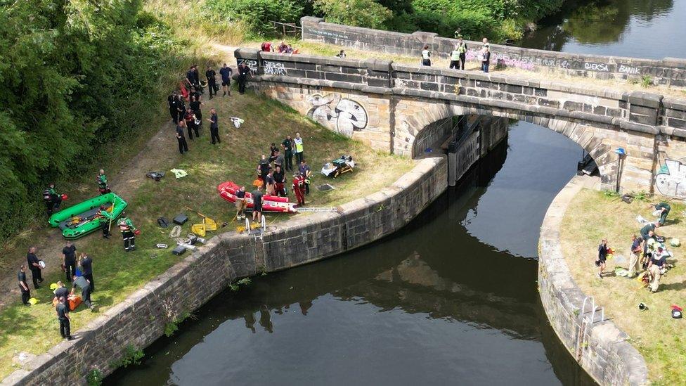 Emergency crews by the Aire and Calder Navigation in Wakefield