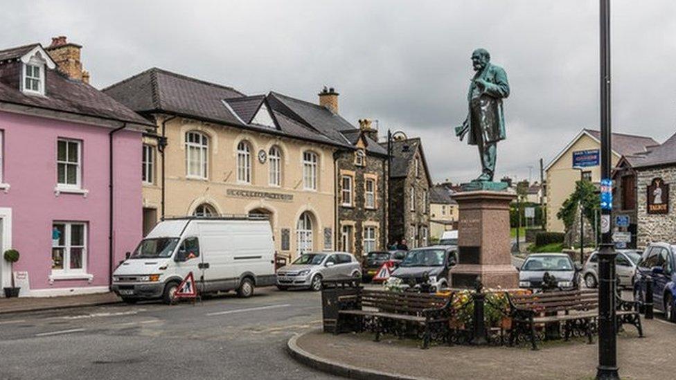 The Square, Tregaron, dominated by the statue to Henry Richard