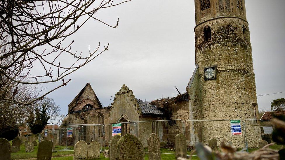 Burnt out St Mary's Church, Beachamwell, Norfolk