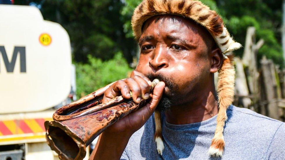 Zulu Warriors at the funeral service of King Goodwill Zwelithini KaBhekuzulu on March 18, 2021 in Nongoma, South Africa.