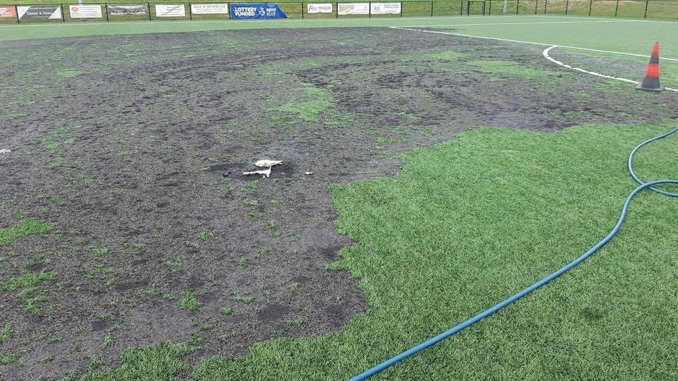 The pitch has been extensively damaged by the fire