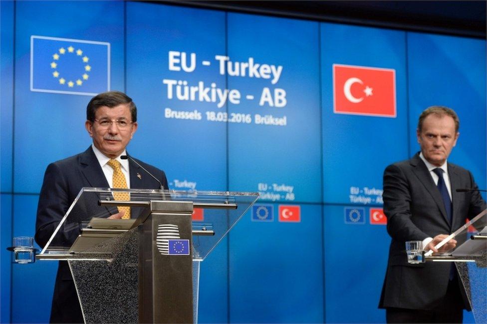 Turkish Prime Minister Ahmet Davutoglu (left) and European Union Council President Donald Tusk (right) pictured at the end of an EU Summit in Brussels on March 18, 2016.