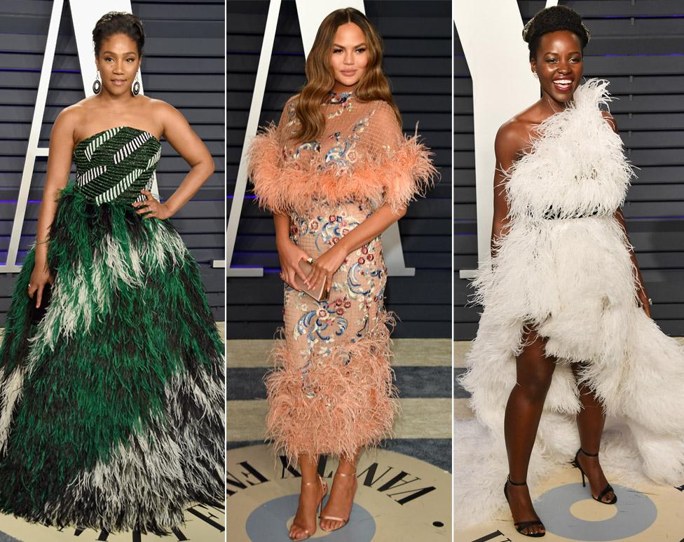 L to R Tiffany Haddish, Chrissy Teigen and Lupita Nyong'o