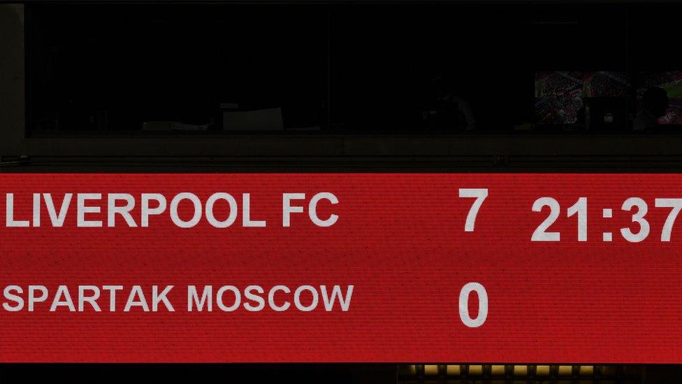 The scoreboard shows the final score 7-0 at the end of the UEFA Champions League Group E football match between Liverpool and Spartak Moscow at Anfield in Liverpool, north-west England on December 6, 2017