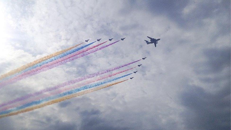 Chinese military jets fly over the city during a rehearsal ahead of the September 3 military parade to mark the 70th anniversary of the victory of the Chinese People's War of Resistance Against Japanese Aggression and the World Anti-Fascist War on August 23, 2015 in Beijing, China