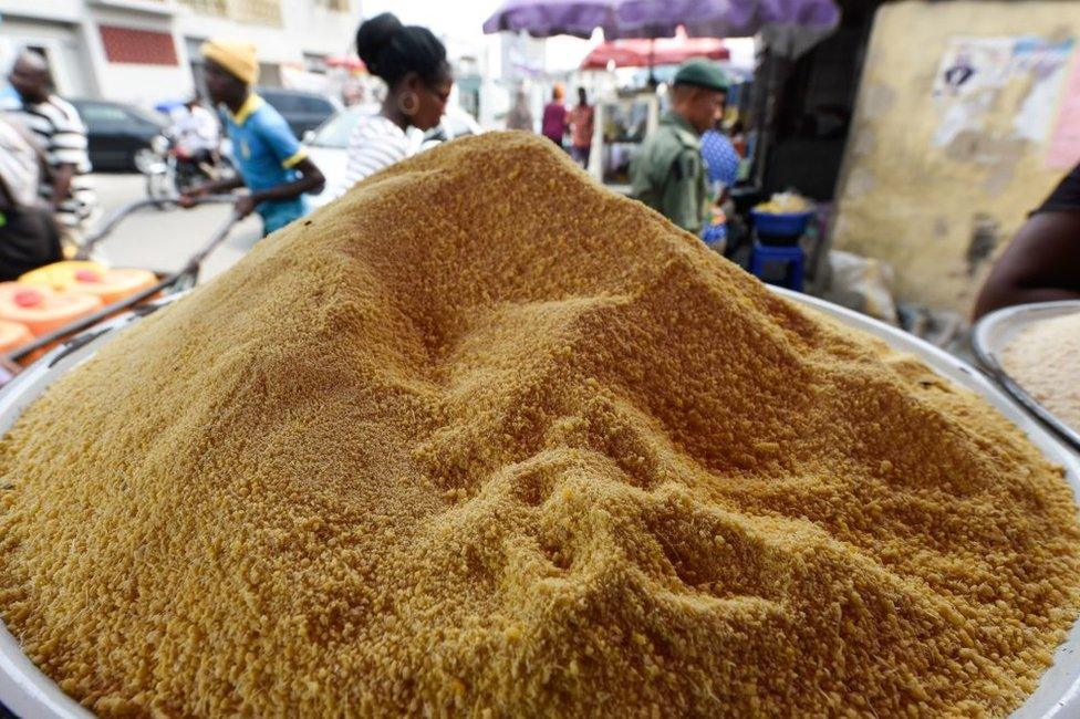 A tray of garri on sale in Lagos, in January 2018.