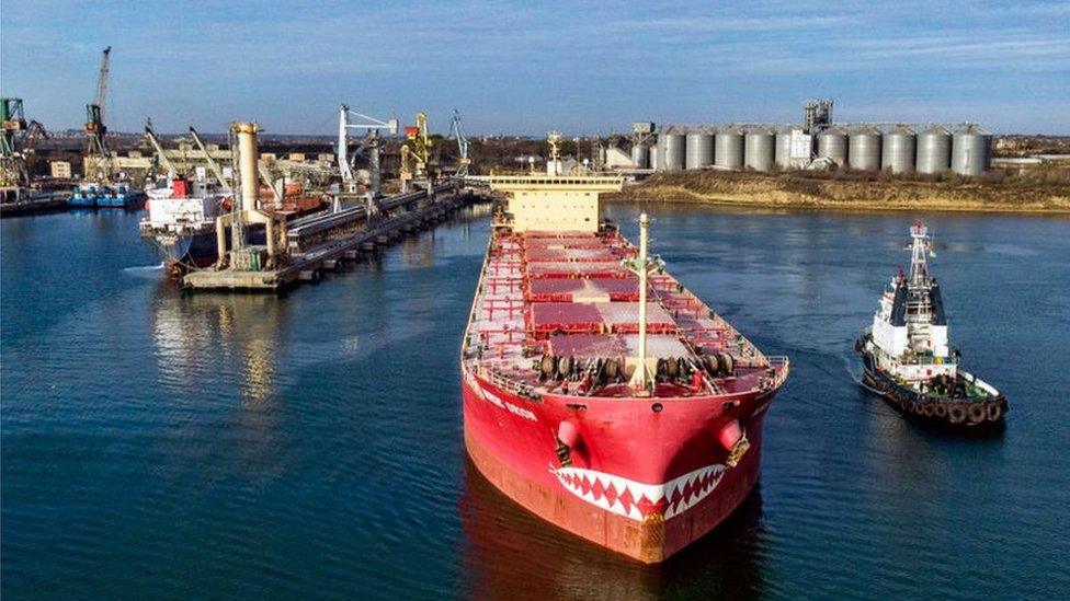 A grain ship in the port of Chornomorsk on Ukraine's Black Sea coast