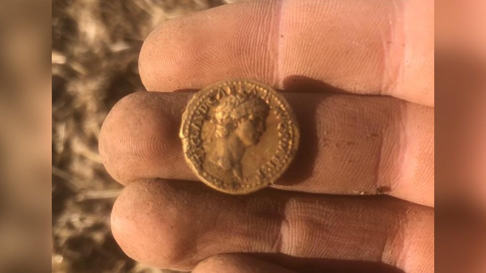 Gold coin being held in a hand