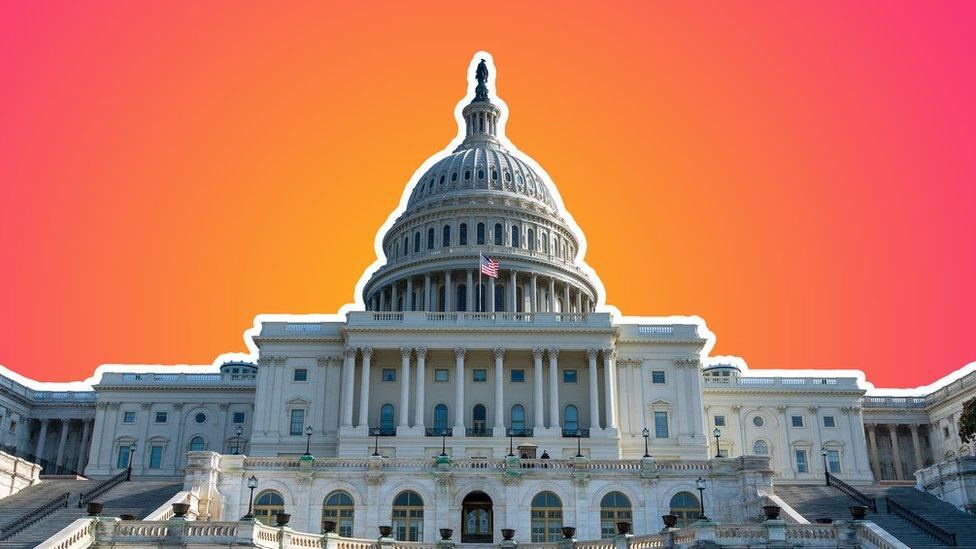 The US Congress building is seen here set against a backdrop of the Tech Tent brand colours of orange and deep red