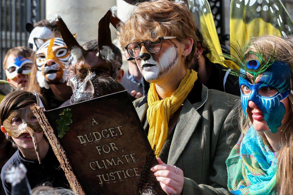 Extinction Rebellion protestors pose outside Government Buildings in Dublin