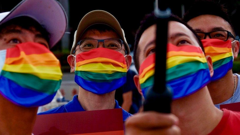 Members of the LGBT community join a march to celebrate the pride month at the National Chiang Kai-shek Memorial Hall in Taipei, Taiwan, 28 June 2020