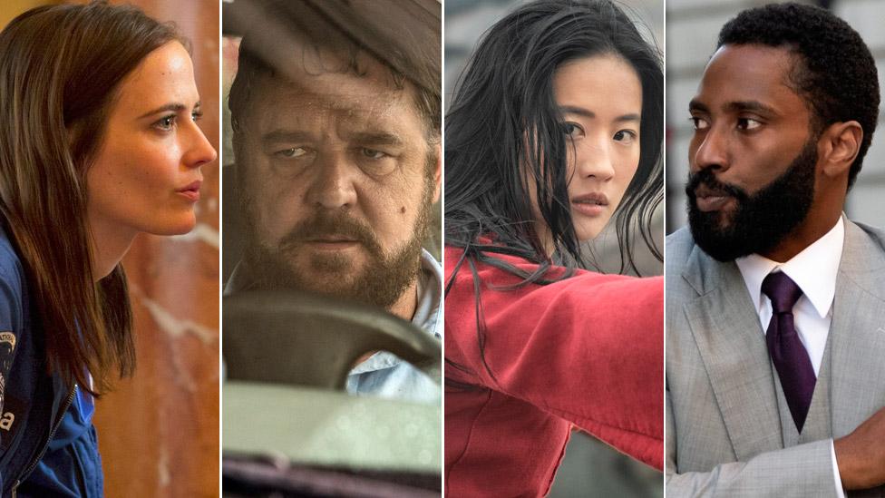 Chwith-Dde: Eva Green yn Proxima, Russell Crowe yn Unhinged, Liu Yifei yn Mulan a John David Washington yn Tenet