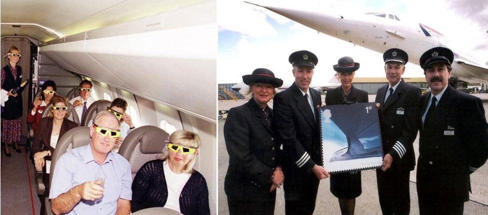 High fliers view the eclipse in 1999 during a flight in Concorde at 55,000 feet over the Atlantic, while (right) flight crew show a special Concorde postage stamp