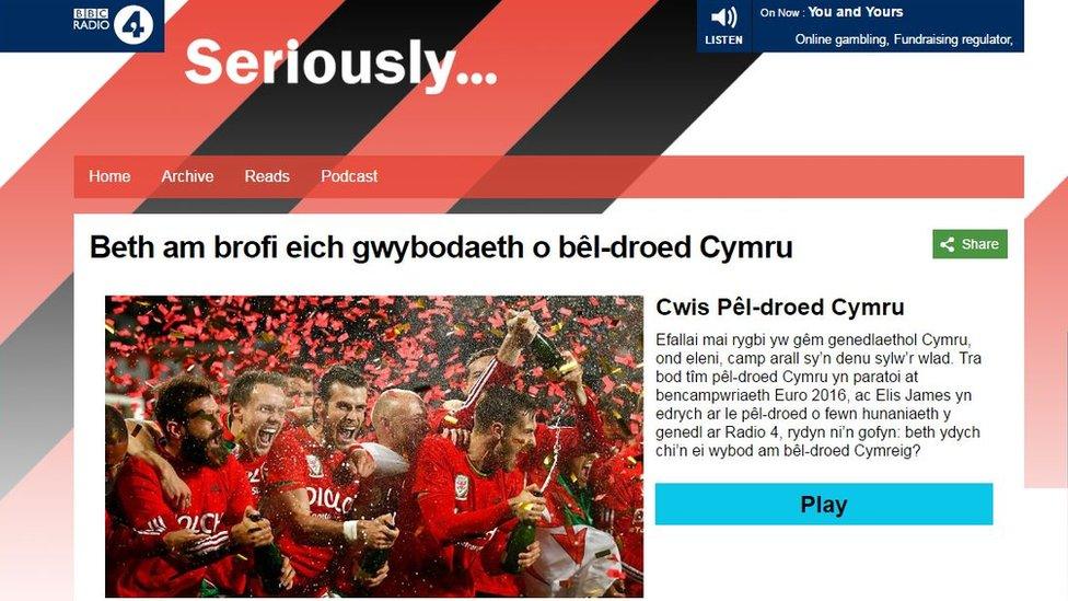 Wnaeth cwis pêl-droed Cymraeg ymddangos ar wefan Radio 4