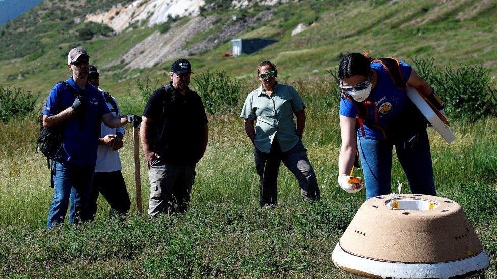 5 people looking at sample container