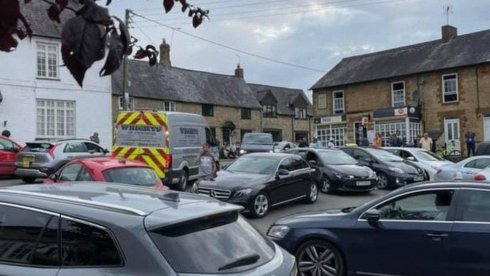 Traffic in Silverstone village during the Grand Prix weekend