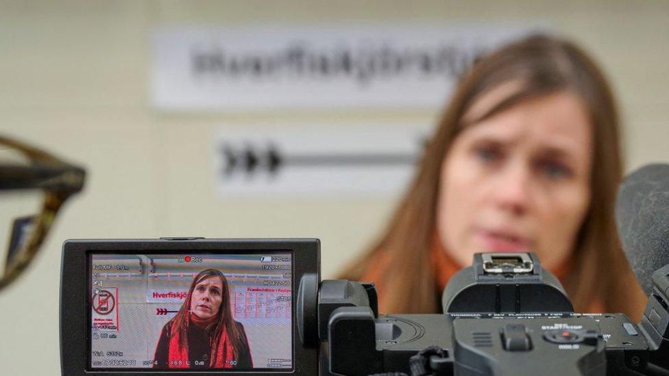 Iceland's then-prime minister Katrín Jakobsdottir speaks to the media in Reykjavik, September 25, 2021