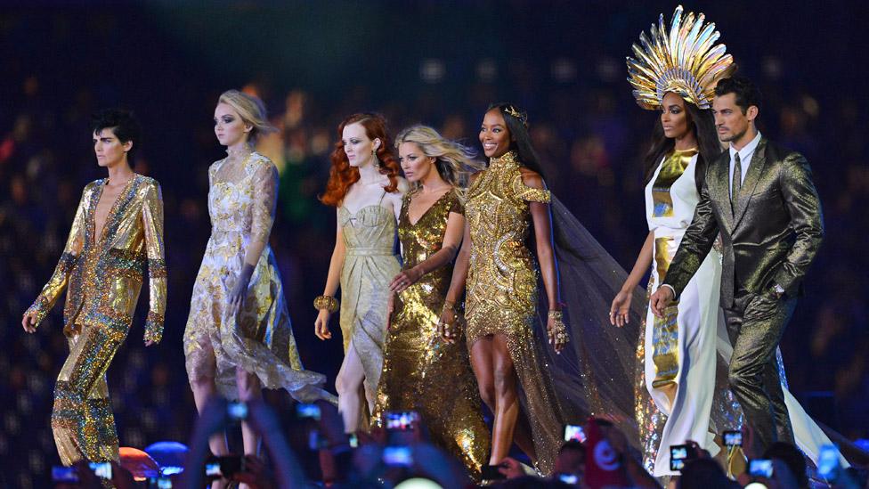 Tennant (left) with Lily Cole, Karen Elson, Kate Moss, Naomi Campbell, Jourdon Dunn and David Gandy at the closing ceremony of the London 2012 Olympic Games