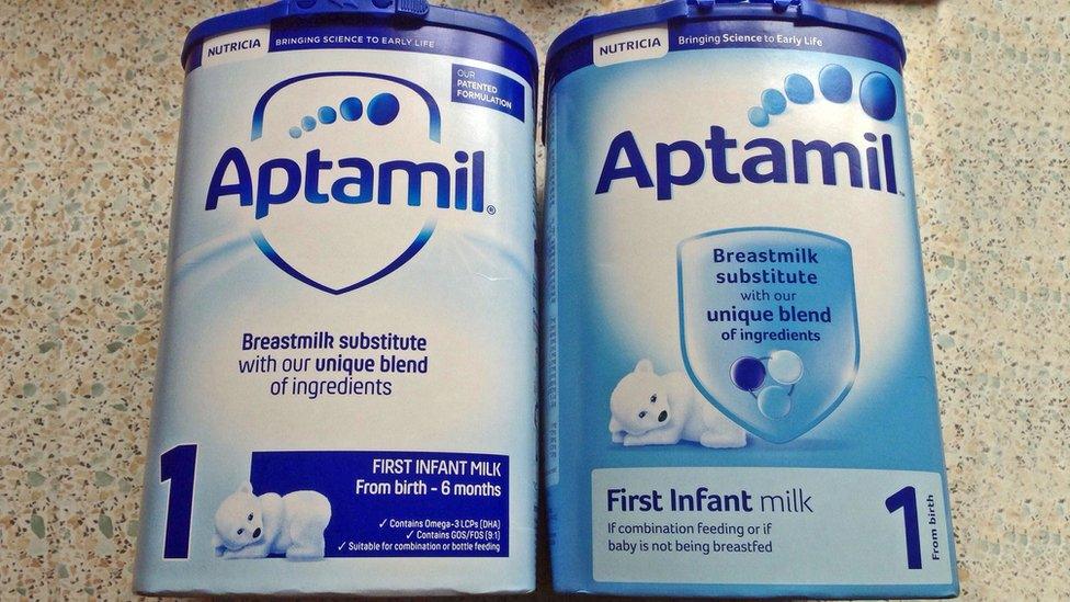 Old and new cartons of Aptamil baby formula