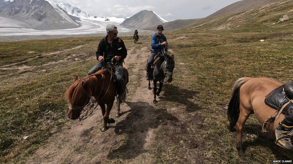 Jamie Clarke and his son Khobe in Mongolia