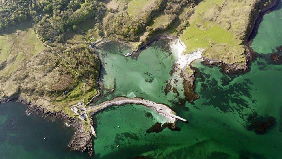 Aerial view of the harbour on Eigg